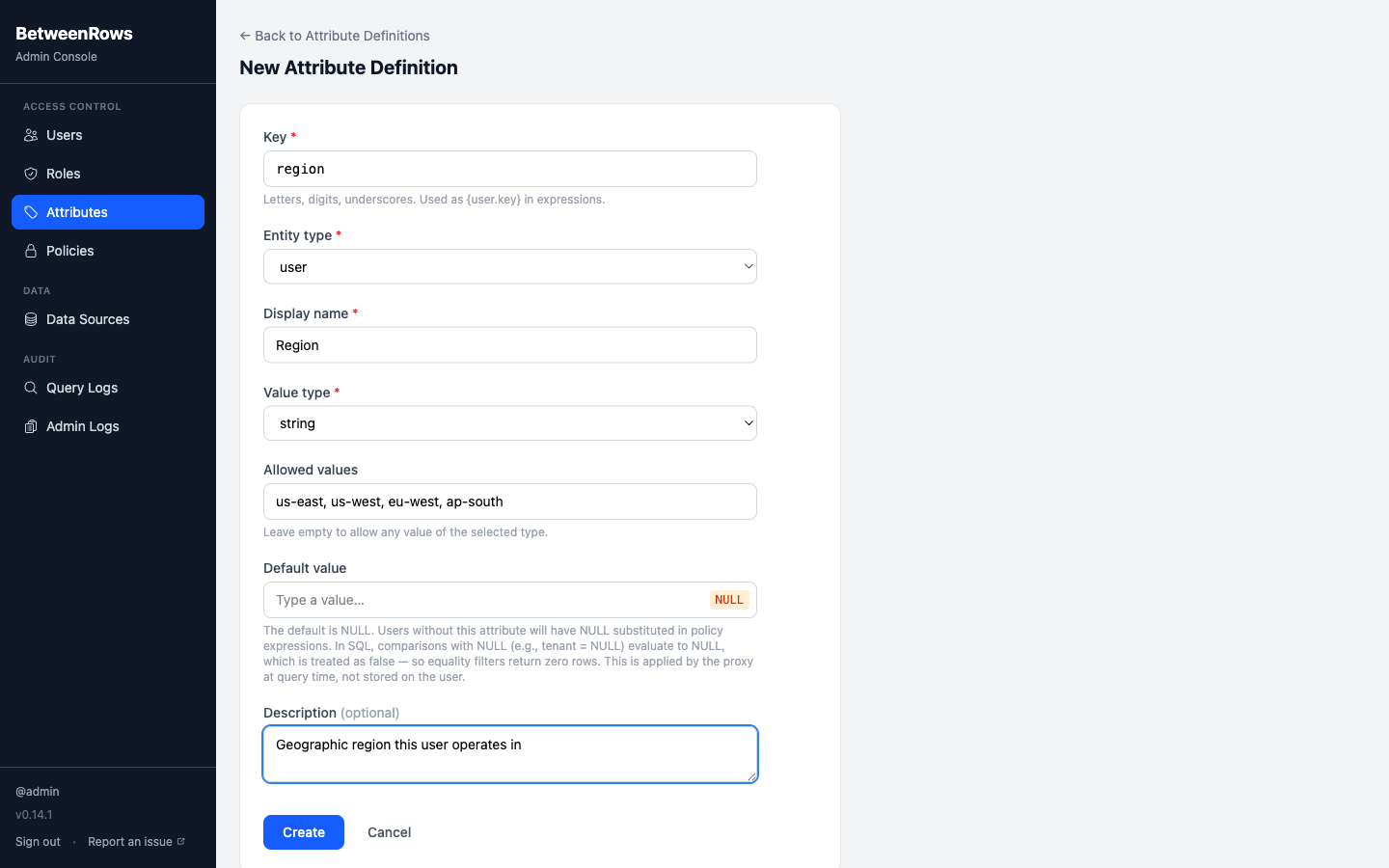 Attribute definition form for the tenant attribute