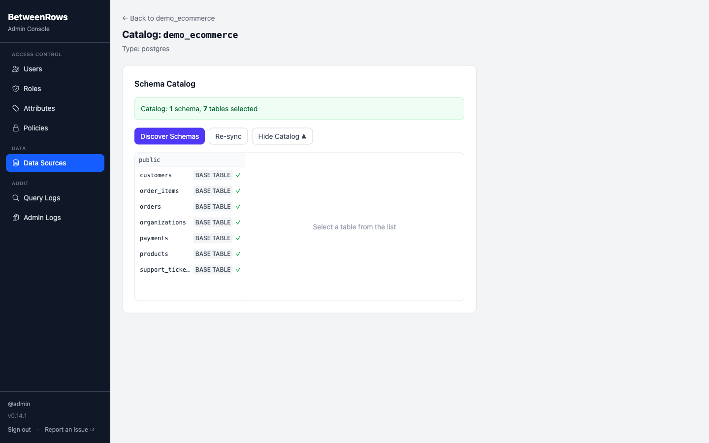 Catalog discovery wizard showing schema selection step