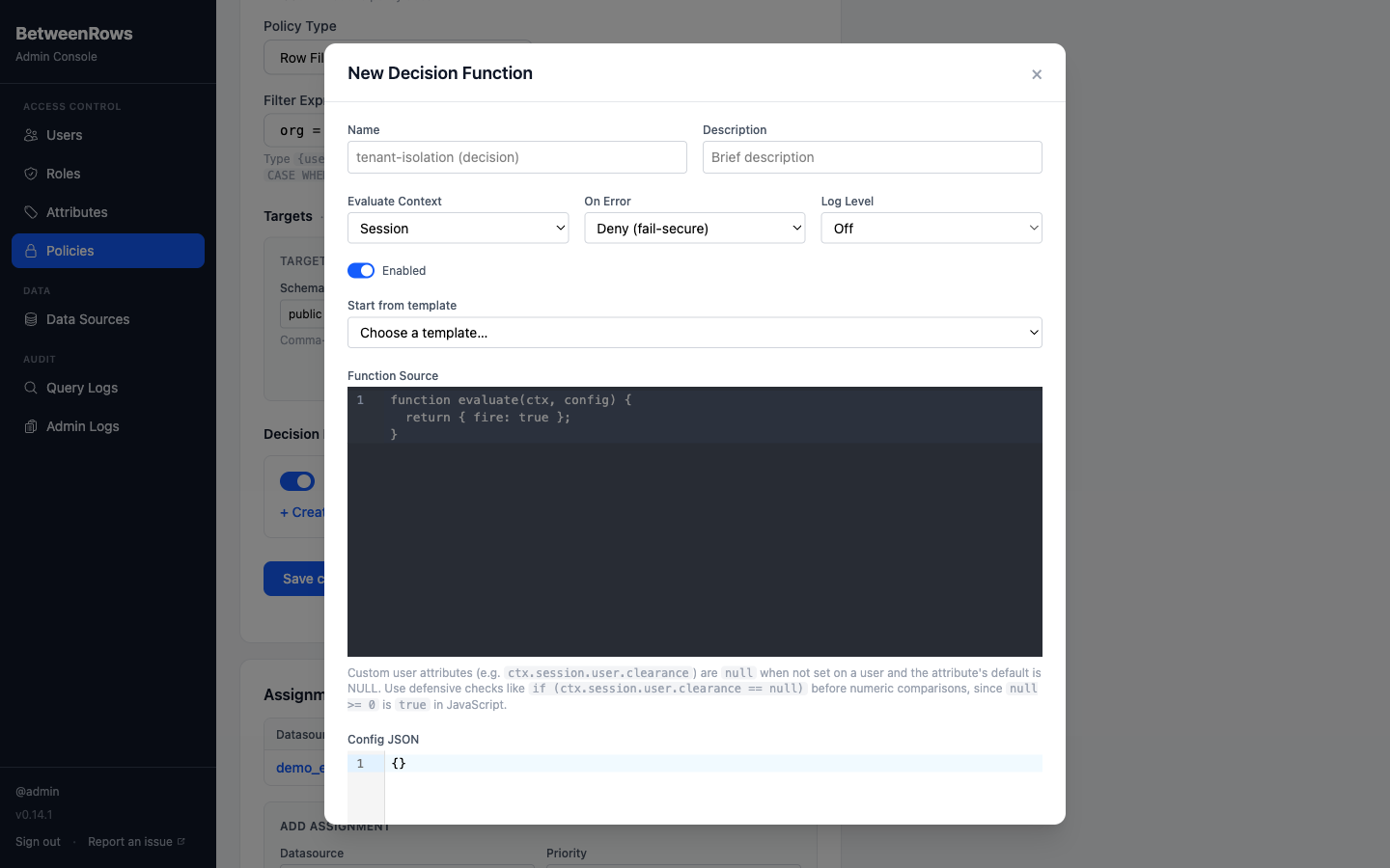 Decision function test runner with mock session context