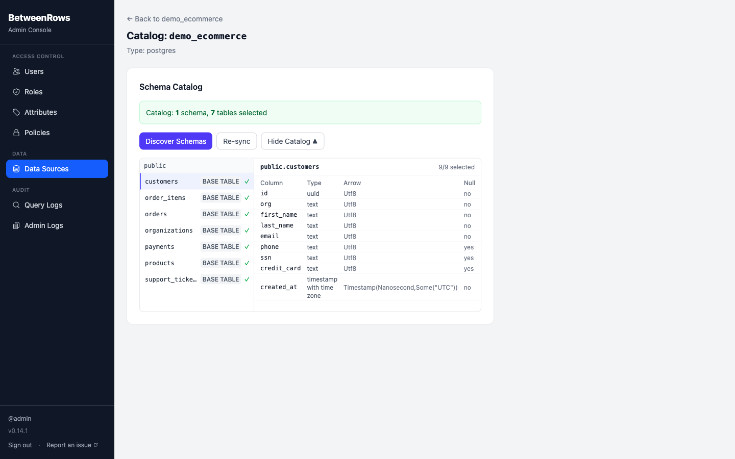 Catalog discovery wizard with schema and table selection