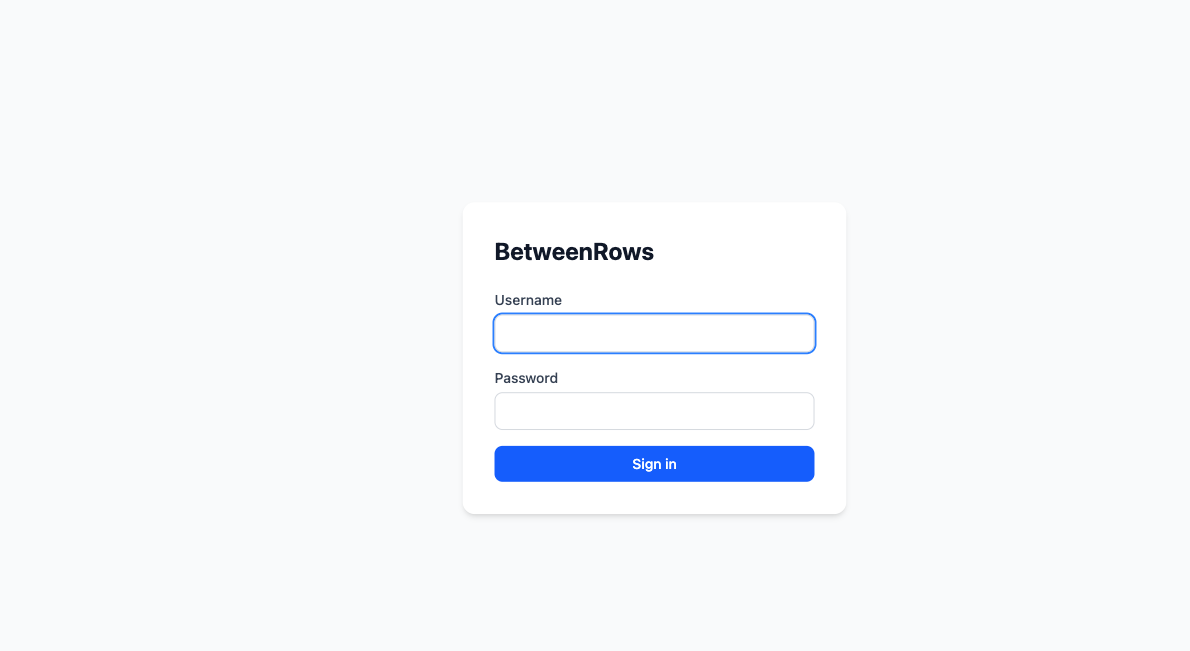 BetweenRows admin login screen