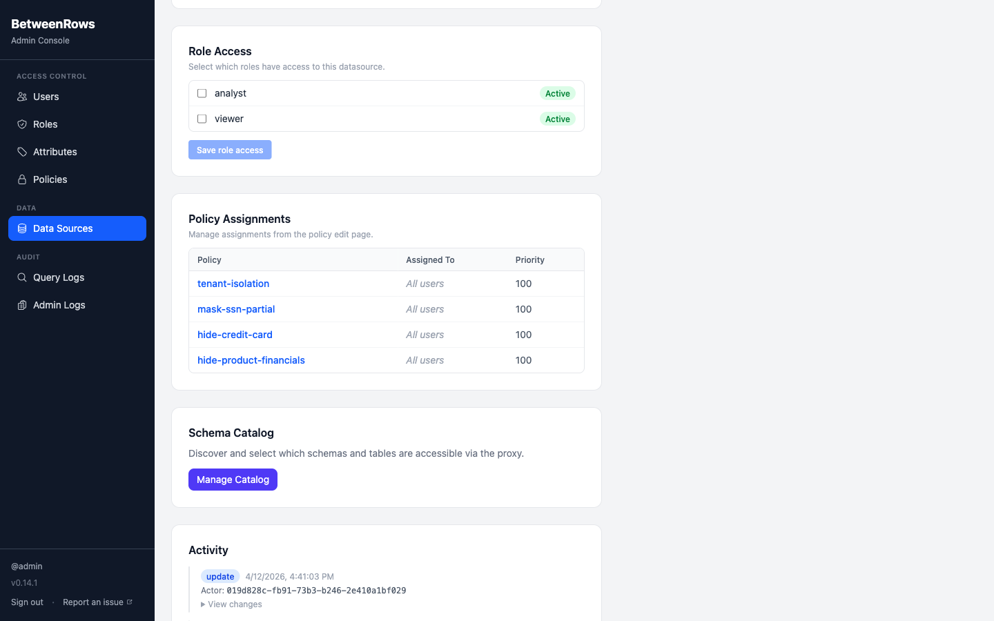 Assigning a row filter policy to a data source with all-users scope