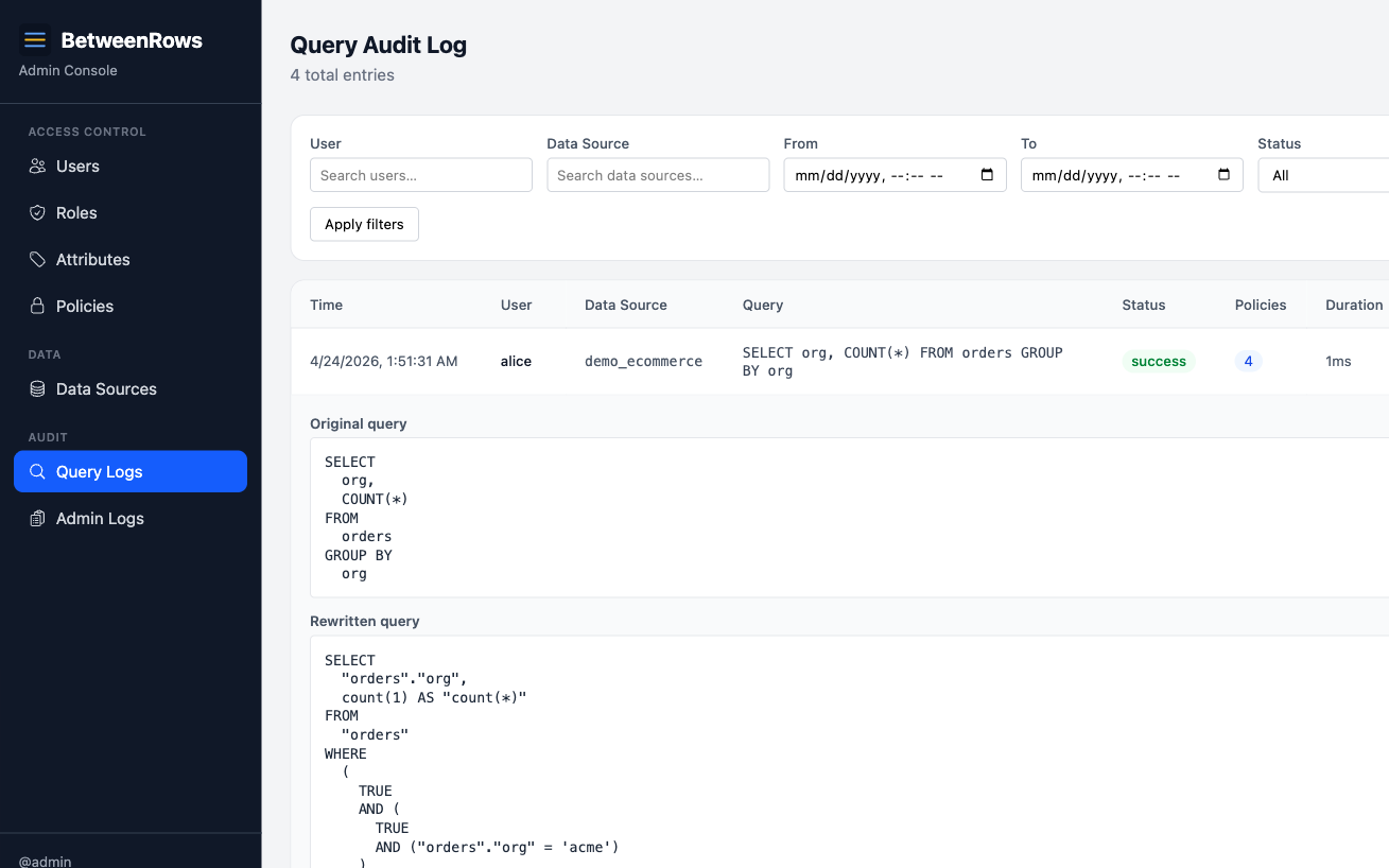 Query audit entry showing the injected WHERE clause from tenant isolation