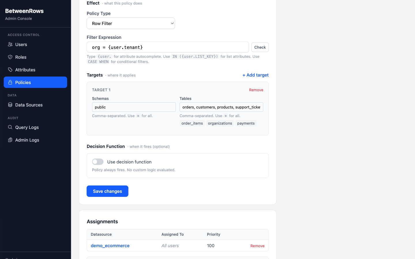 Row filter policy editor with tenant isolation expression