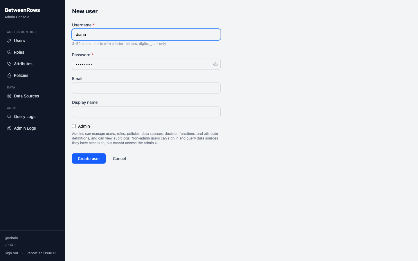 New user form in the admin UI